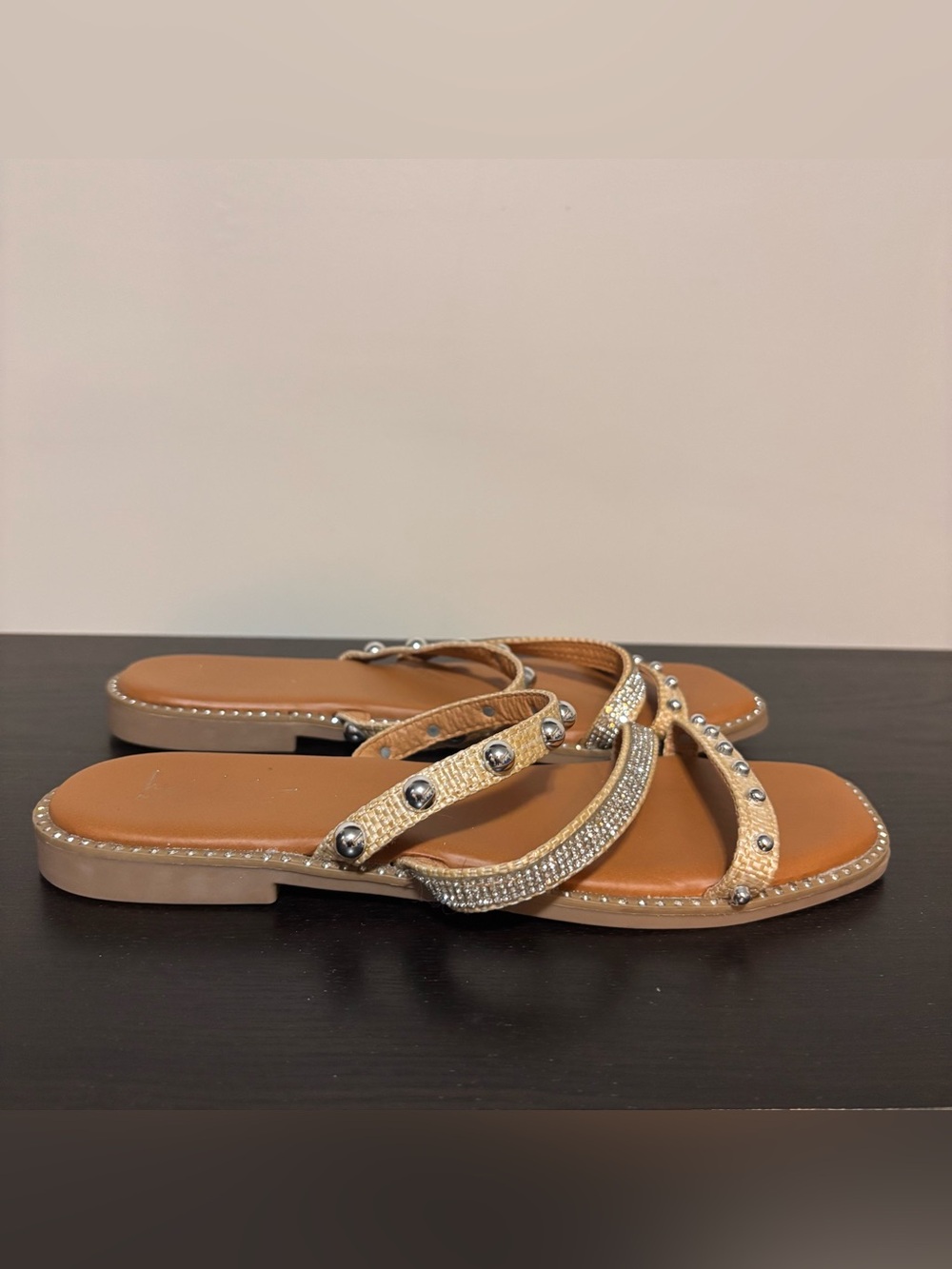 Nicole Miller Gold Rhinestone & Studded Strappy Flat Sandals | Womens Sz 8 1/2